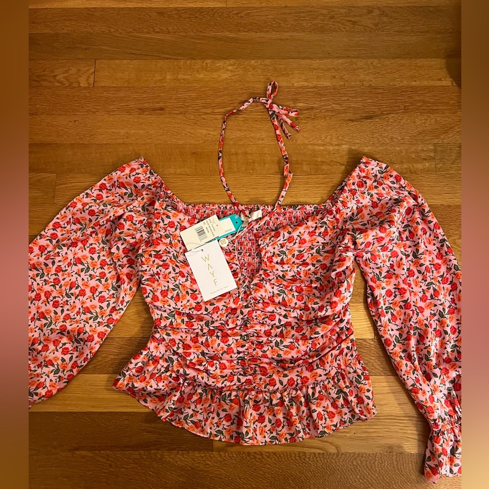 NWT Stitchfix pink silky top with rouching, smocked back and tie neck.